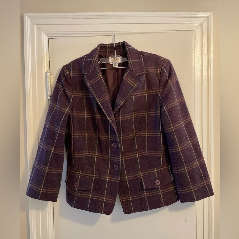 Talbots 100% Wool Purple Plaid 2 Pocket 3 Button Closure Lined Blazer Size 16 P
